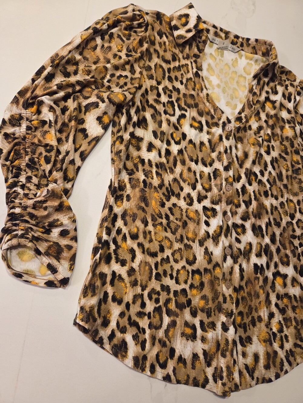 Y2K Peter Nygard Brushed Bronze Leopard Print Button V Neck Ruched Sleeve Blouse